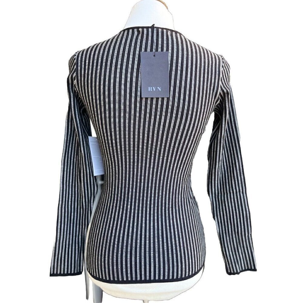 RVN Womens Black Striped Ribbed Long Sleeve Stretch Knit Striped Top  Dash - Picture 2 of 13